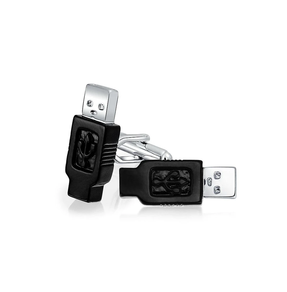 Bling Jewelry Computer Geek Tech Usb Flash Drive Black Cufflinks Executive Graduation Gift Bullet Hinge Back Black Silver Tone Stainless Steel