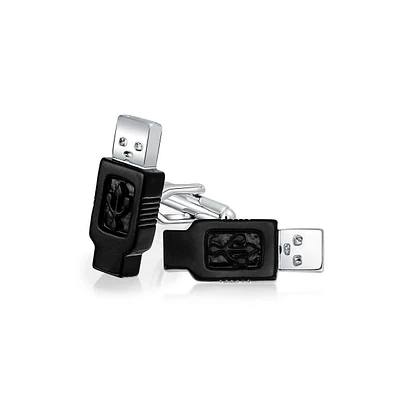Bling Jewelry Computer Geek Tech Usb Flash Drive Black Cufflinks Executive Graduation Gift Bullet Hinge Back Black Silver Tone Stainless Steel