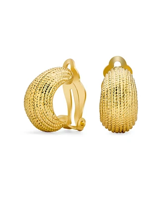 Bling Jewelry Ribbed Grooved Cable Rope Stripe Wide Half Hoop Dome Clip On Earrings Non Pierced Ears Gold Tone Plated