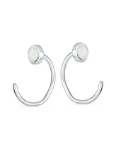 Bling Jewelry Minimalist Round White Created Opal Huggie Geometric Non-Piercing Helix Cartilage Conch Bezel Band Wrap Ear Cuff Earringss .925 Sterling