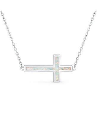 Bling Jewelry Minimalist Simple Created White Opal Inlay Horizontal Sideways Cross Necklace Station Pendant .925 Sterling Silver