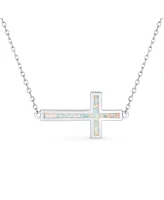Bling Jewelry Minimalist Simple Created White Opal Inlay Horizontal Sideways Cross Necklace Station Pendant .925 Sterling Silver