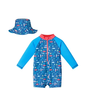 Andy & Evan Baby Boys Long Sleeve Navy Beach Print Swim Romper w/Hat