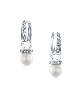 Bling Jewelry Imitation White Pearl Drop Cz Hoop Earring Silver Plated