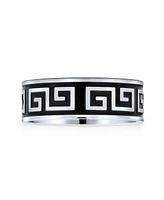 Bling Jewelry Geometric Ancient Fret Greek Key Pattern Flat Eternity Band Ring Black Silver Two Tone Stainless Steel 8MM