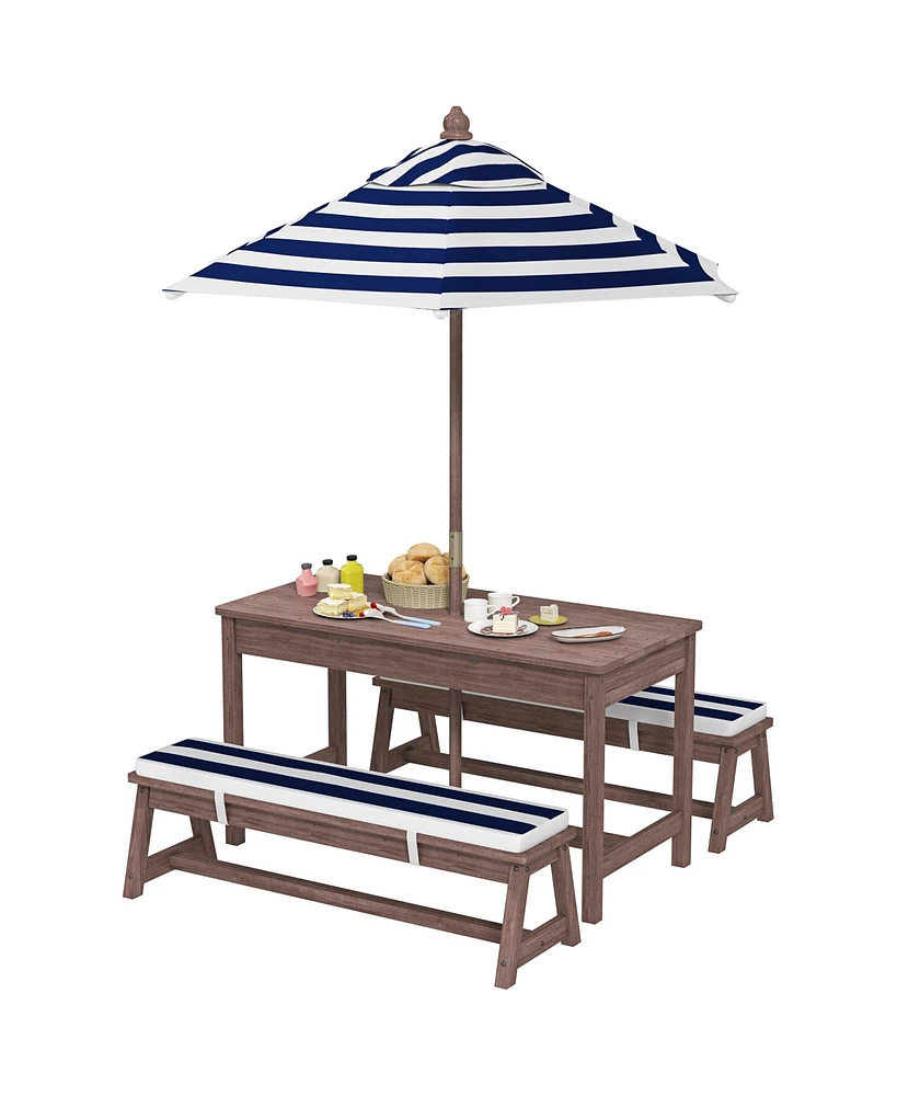 Qaba Kids Picnic Table, Wooden Table & Bench Set w Cushions, Umbrella,