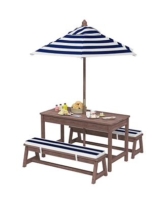 Qaba Kids Picnic Table, Wooden Table & Bench Set w Cushions, Umbrella,
