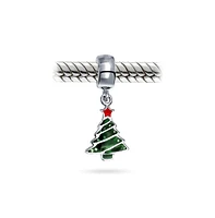 Bling Jewelry Holiday Red Star Green Decorated Christmas Tree Dangle Charm Bead Enamel .925 Sterling Silver