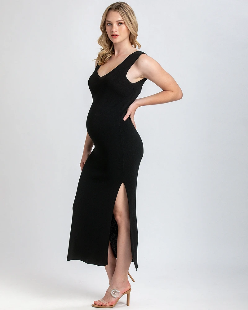 Pietro Brunelli Maternity Soft Viscose Knit V-Neck Side Slit Dalia Dress