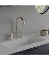 Modern Double Handle 2 Holes Deck Mount Bridge Kitchen Faucet With 360 Swivel Spout Sink Brushed Nickel