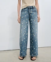 Mango Women's Flower-Embroidered Wide Leg Jeans