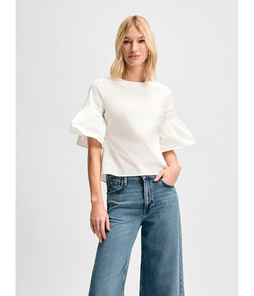 Isaac Mizrahi Women's Button Back Fluted Short Sleeve Poplin Blouse
