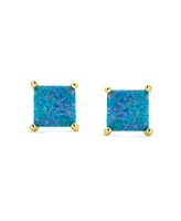 Bling Jewelry Simple Classic White Fire Orange Green Blue Opulence Created Opal Square Princess Cut Stud Earrings Yellow Gold Plated .925 Sterling Sil