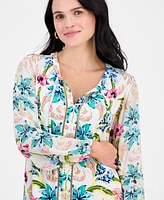 Jm Collection Petite Bali Escape Printed Blouson-Sleeve Blouse, Exclusively at Macy's