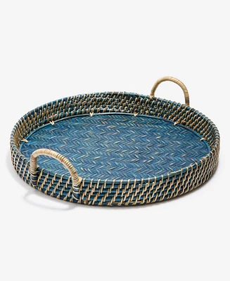 Amara Handmade Round Blue Basket, Bamboo and Cane Serving Tray with Handles