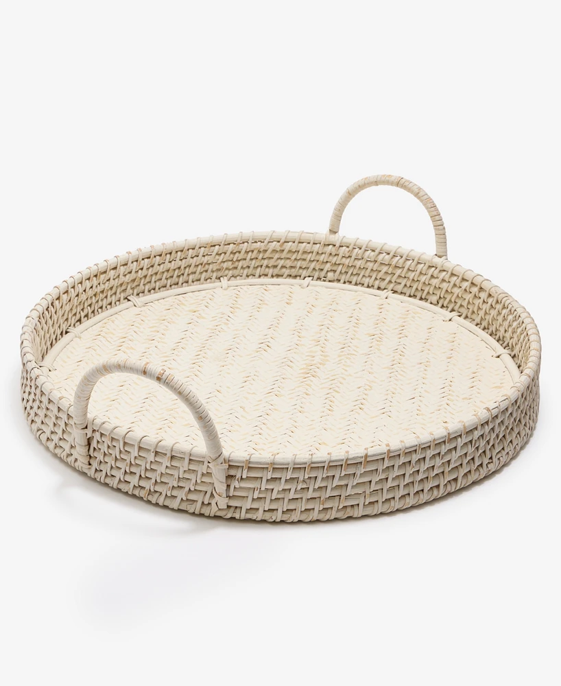 Amara Handmade White Bamboo Serving Tray, Round Boho Basket with Handles