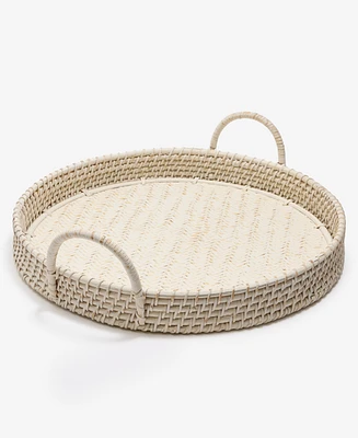 Amara Handmade White Bamboo Serving Tray, Round Boho Basket with Handles