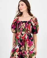 Anne Klein Women's Smocked Puff-Sleeve Floral Midi Dress