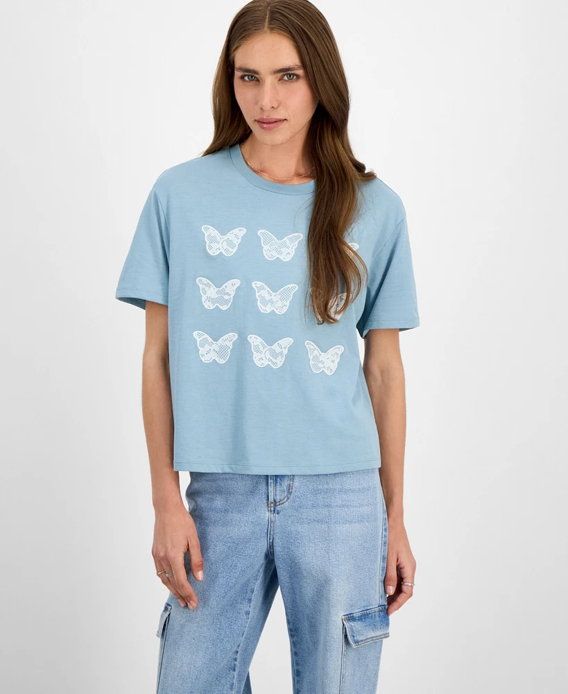 Rebellious One Juniors' Lace Applique Butterfly T-Shirt