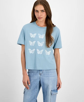 Rebellious One Juniors' Lace Applique Butterfly T-Shirt