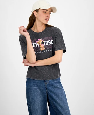 Rebellious One Juniors' Nyc Teddy Bear Mineral Wash Graphic T-Shirt