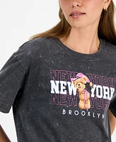 Rebellious One Juniors' Nyc Teddy Bear Mineral Wash Graphic T-Shirt