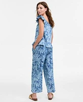 Nautica Womens Palm Print Ruffle Shoulder Chambray Top Pants