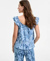 Nautica Jeans Women's Palm-Print Sleeveless Shoulder-Ruffle Top