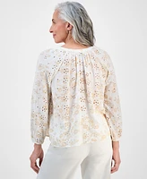 Style & Co Petite Morning Glories Contrast-Stitched Blouse, Exclusively at Macy's