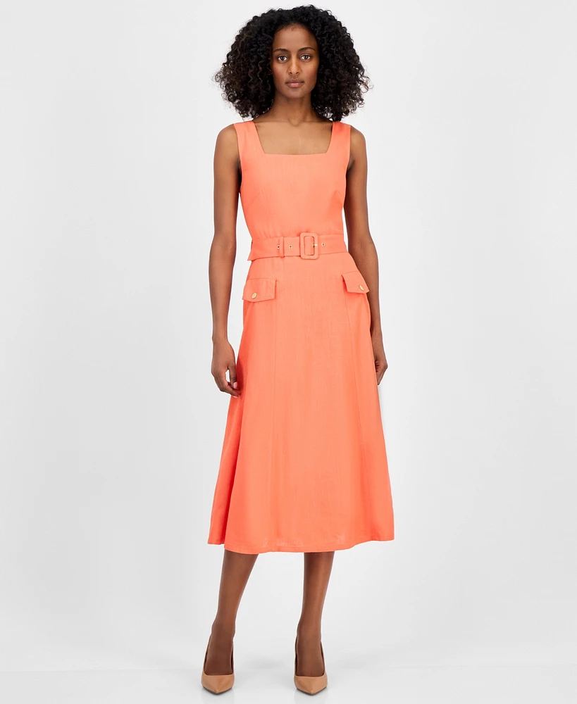 Tahari Asl Petite Square-Neck Belted Sleeveless Dress