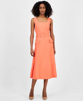 Tahari Asl Petite Square-Neck Belted Sleeveless Dress