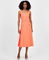Tahari Asl Petite Square-Neck Belted Sleeveless Dress