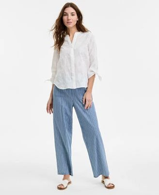 Jones New York Womens Embroidered Top Striped Pants