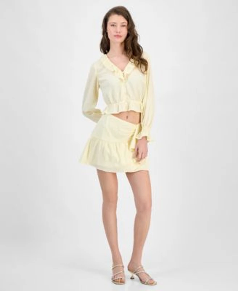 Guess Womens Long Sleeve Button Front Shaelo Top Shaelo Gauze Mini Skirt