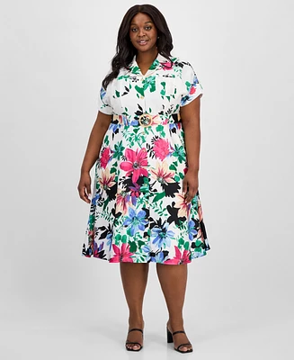 Tahari Asl Plus Printed Belted Midi Shirtdress