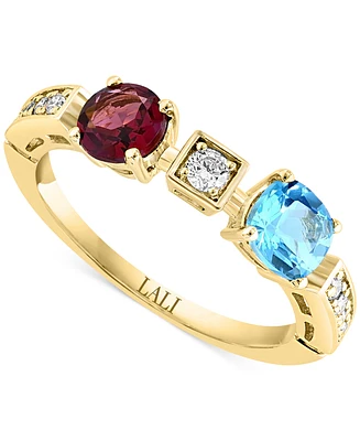 Lali Jewels Swiss Blue Topaz (3/4 ct. t.w.), Rhodolite (1/6 ct. t.w.) & Diamond (1/6 ct. t.w.) Ring in 14k Yellow Gold