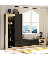 Multifunctional Tv stand with stitching design, media console with tri-color light strip, wooden entertainment center