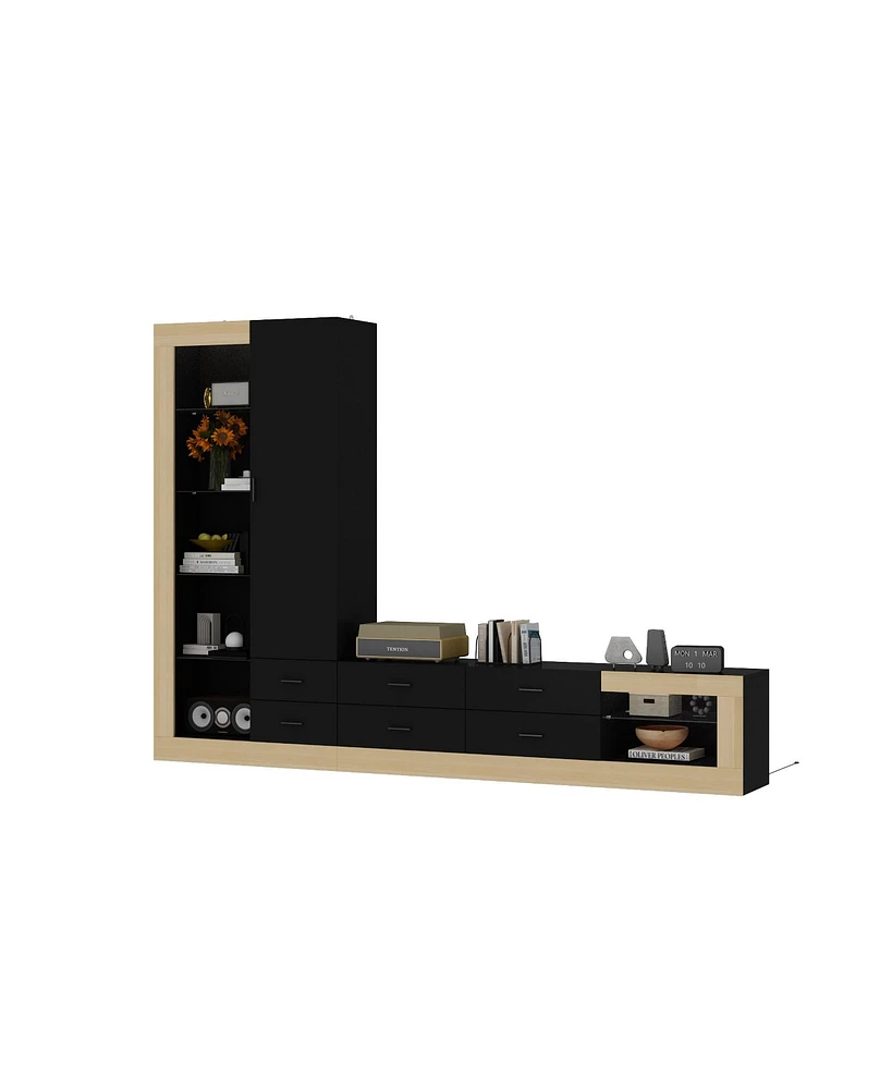 Multifunctional Tv stand with stitching design, media console with tri-color light strip, wooden entertainment center