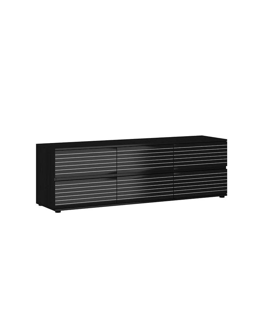 Tv stand with six drawers, media console with embossed texture, entertainment center in black wood