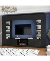 The Tv stand with nine cabinets for up to 75-inch TVs, an entertainment center with two light strips, and a black wooden media console