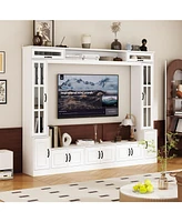 White 12-door Tv stand, media console with tempered glass, entertainment center with hydraulic poles