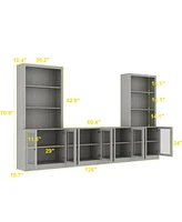 Tv stand with 8 doors, media console with tempered glass and metal handles, grey wood entertainment center