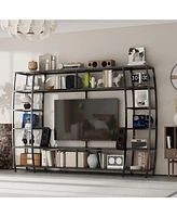 Black wooden Tv stand, entertainment center with steel stand, multi-purpose media console