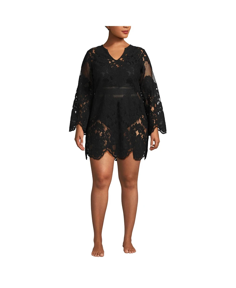 Lands' End Plus Long Sleeve Lace Mini Swim Cover-Up Dress