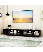 Four-door Tv stand, black wood entertainment center, media console with levers