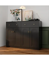 Shoe cabinet in black wood, shoe rack with 2 drawers and four doors and metal handles