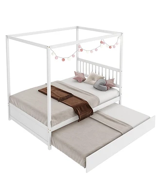 Full Size Canopy Bed with Trundle Wooden Platform Bed Frame Headboard