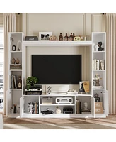 Black four-door Tv stand, media console with movable shelves, multi-purpose entertainment center