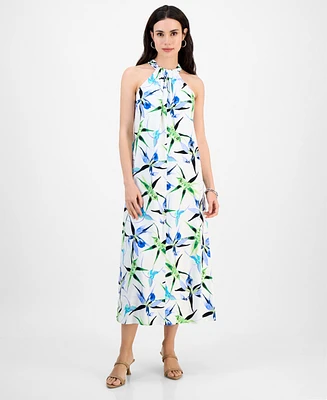 I.n.c. International Concepts Petite Printed Linen-Blend Halter-Neck Sleeveless Maxi Dress, Exclusively at Macy's