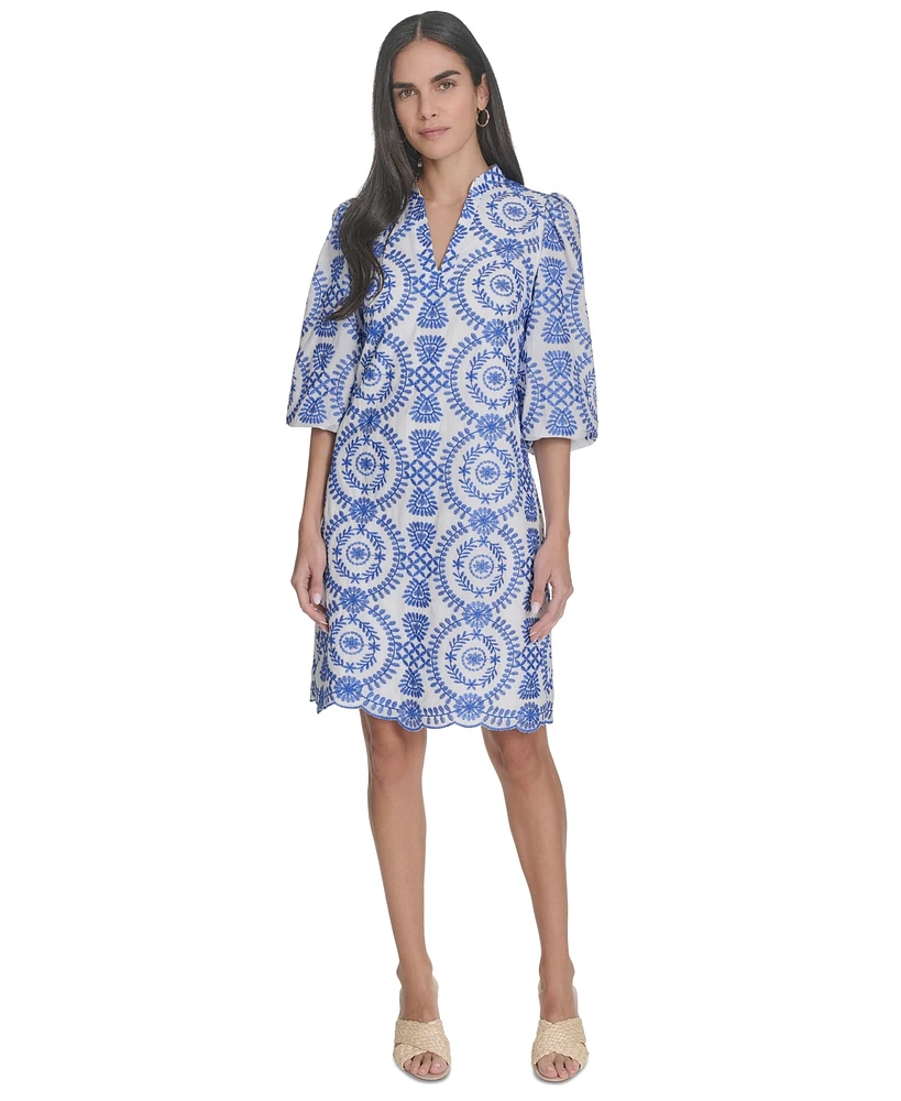Jessica Howard Women's Embroidered 3/4-Sleeve A-Line Cotton Dress